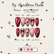 Velvet Crimson press-on nails – design close-up by Handora