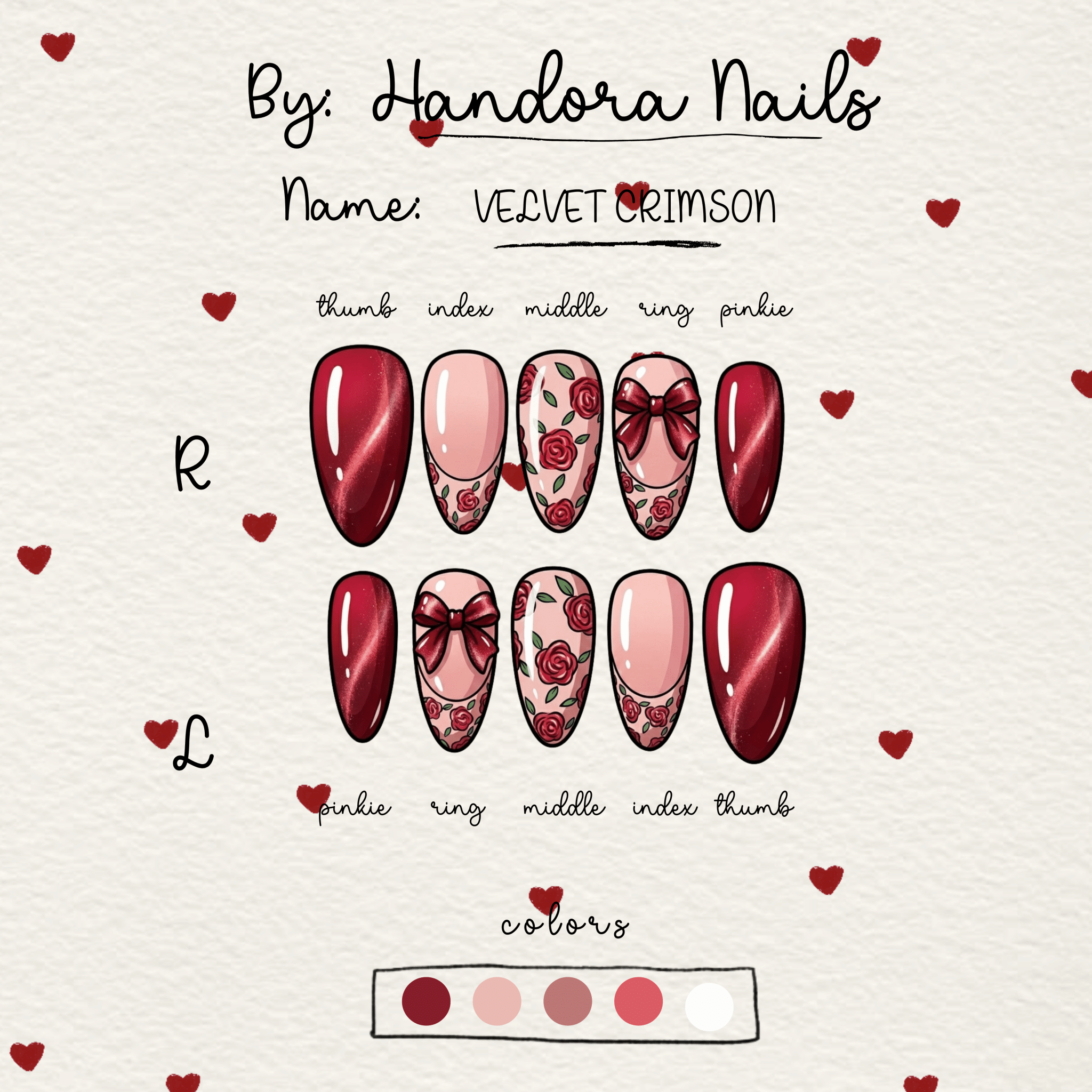 Velvet Crimson press-on nails – design close-up by Handora