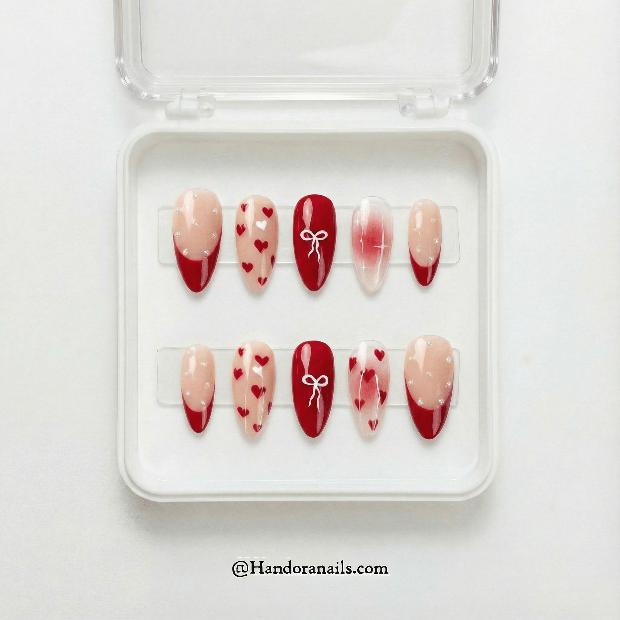Velvet Desire almond press-on nails – design close-up by Handora