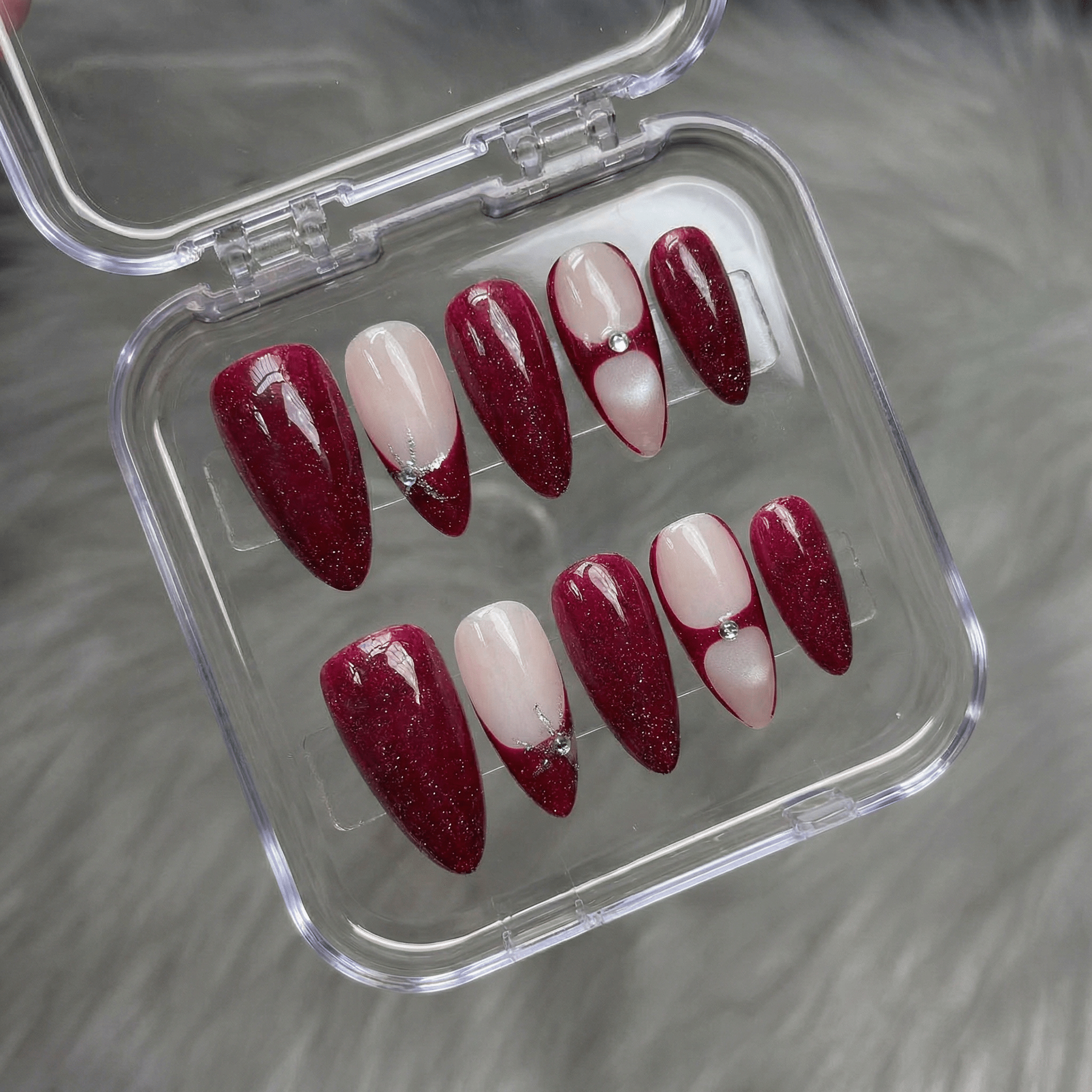 Velvet Galaxy almond press-on nails – design close-up by Handora