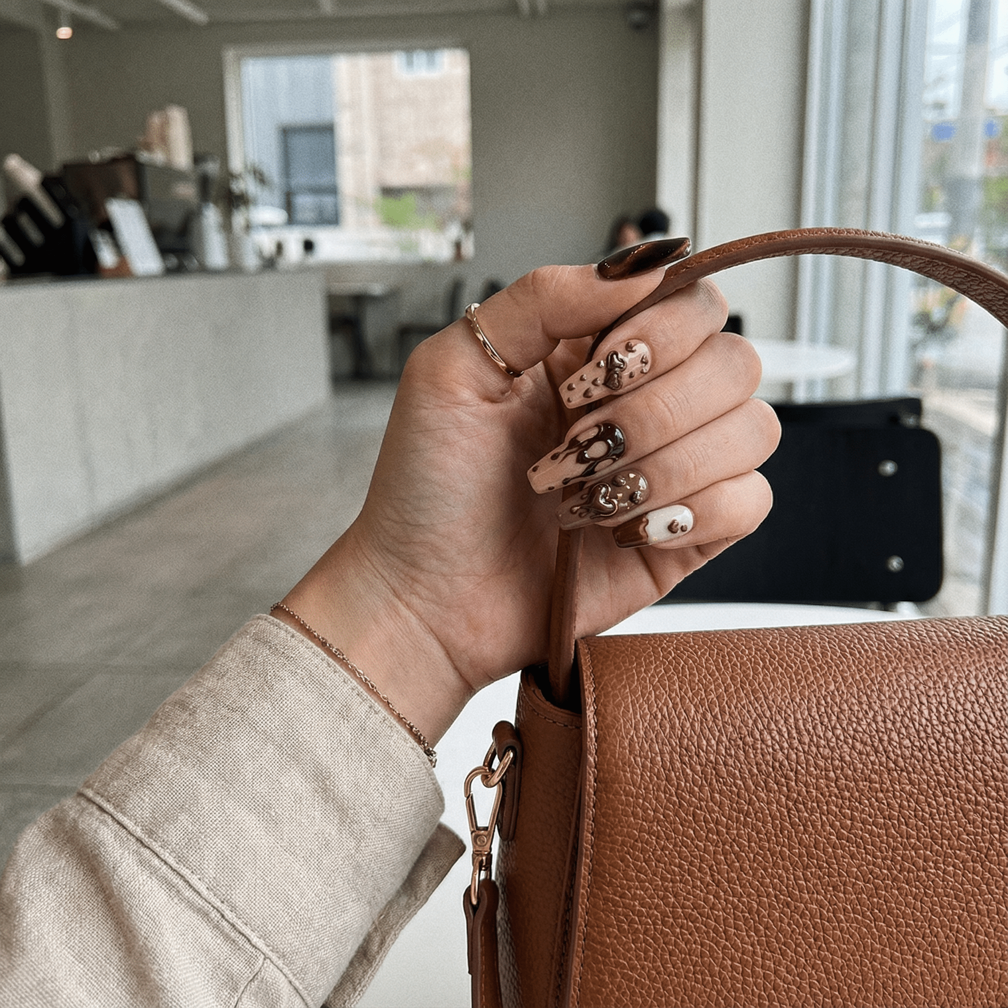 Velvet Mocha press-on nails – hand-painted reusable gel set by Handora