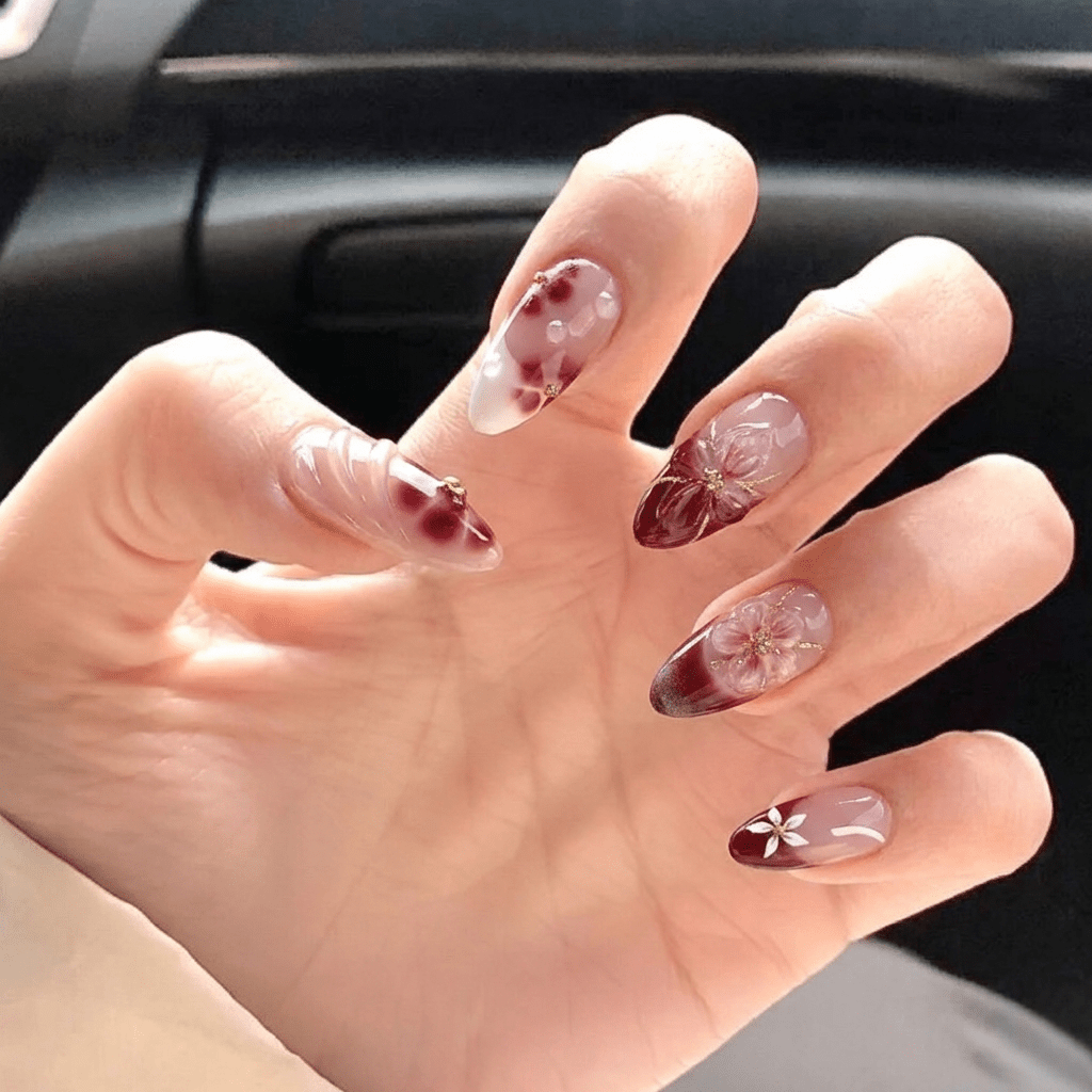 Velvet Nectar floral nail design – handmade press-on nails by Handora