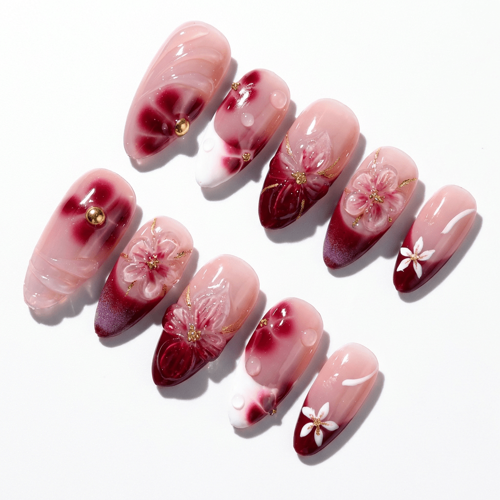 Velvet Nectar press-on nails worn on hand – almond shape by Handora