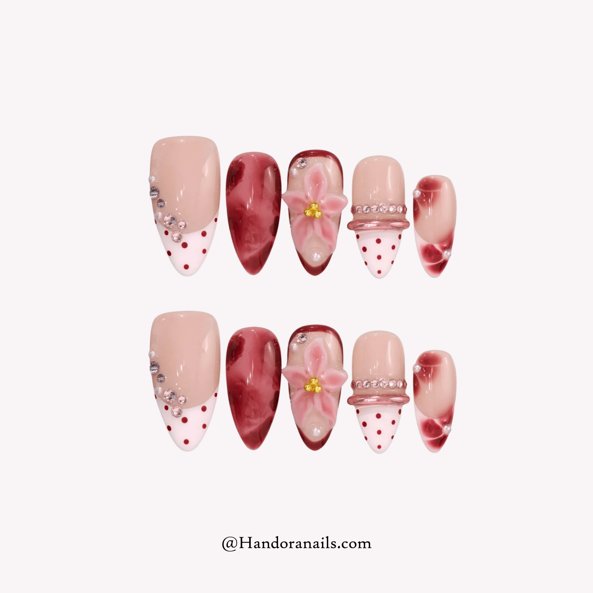 Velvet Petal almond floral press-on nails by Handora