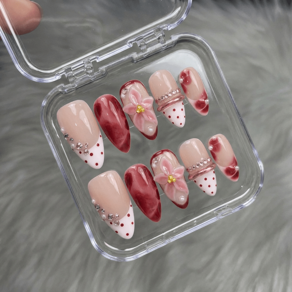 Velvet Petal almond press-on nails – design close-up by Handora