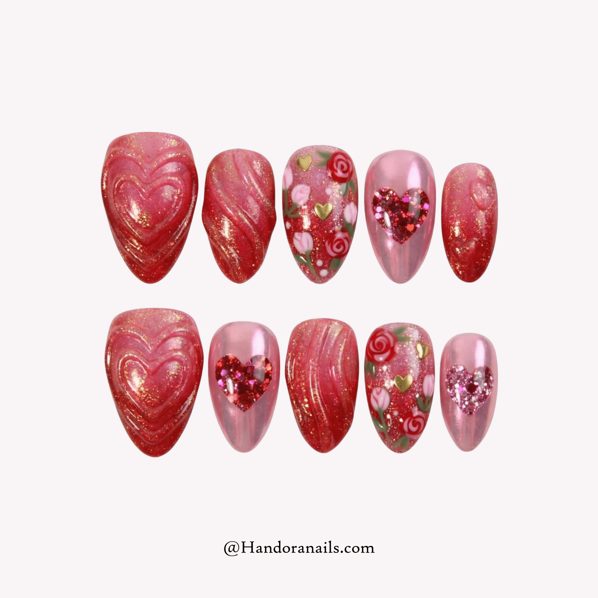 Velvet Rose pink floral press-on nails by Handora