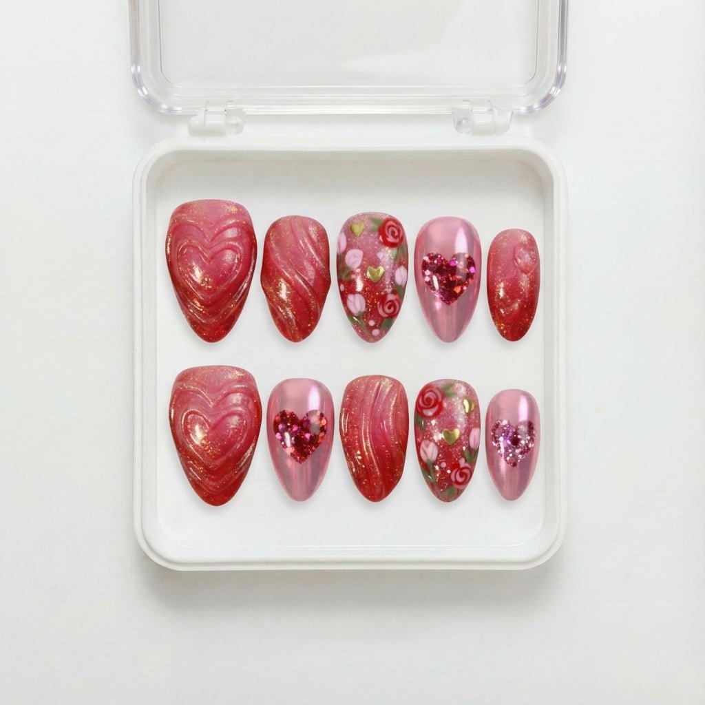Velvet Rose press-on nails – design close-up by Handora