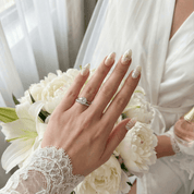 Venus Pearl press-on nails worn on hand – almond shape by Handora