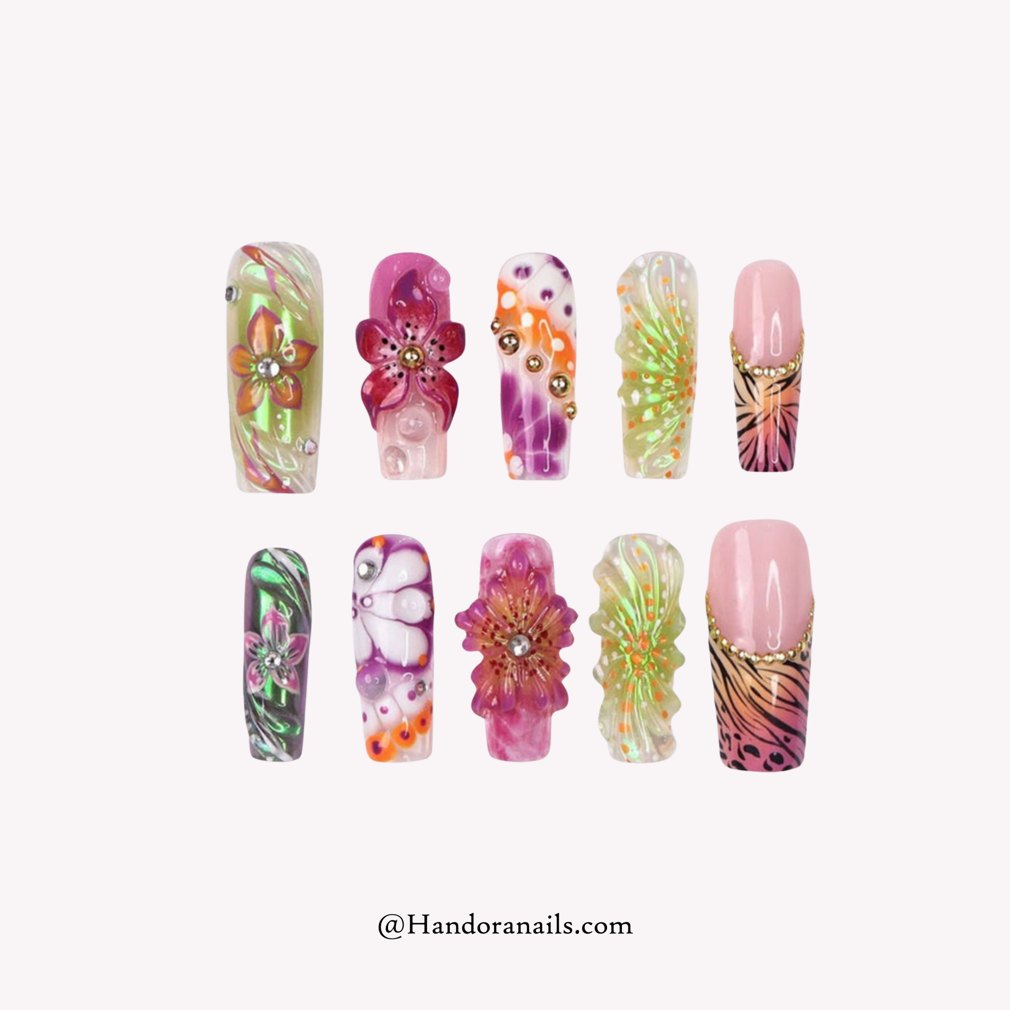 Vibrant Flora coffin 3d press-on nails by Handora