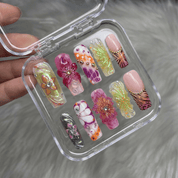 Vibrant Flora coffin press-on nails – design close-up by Handora