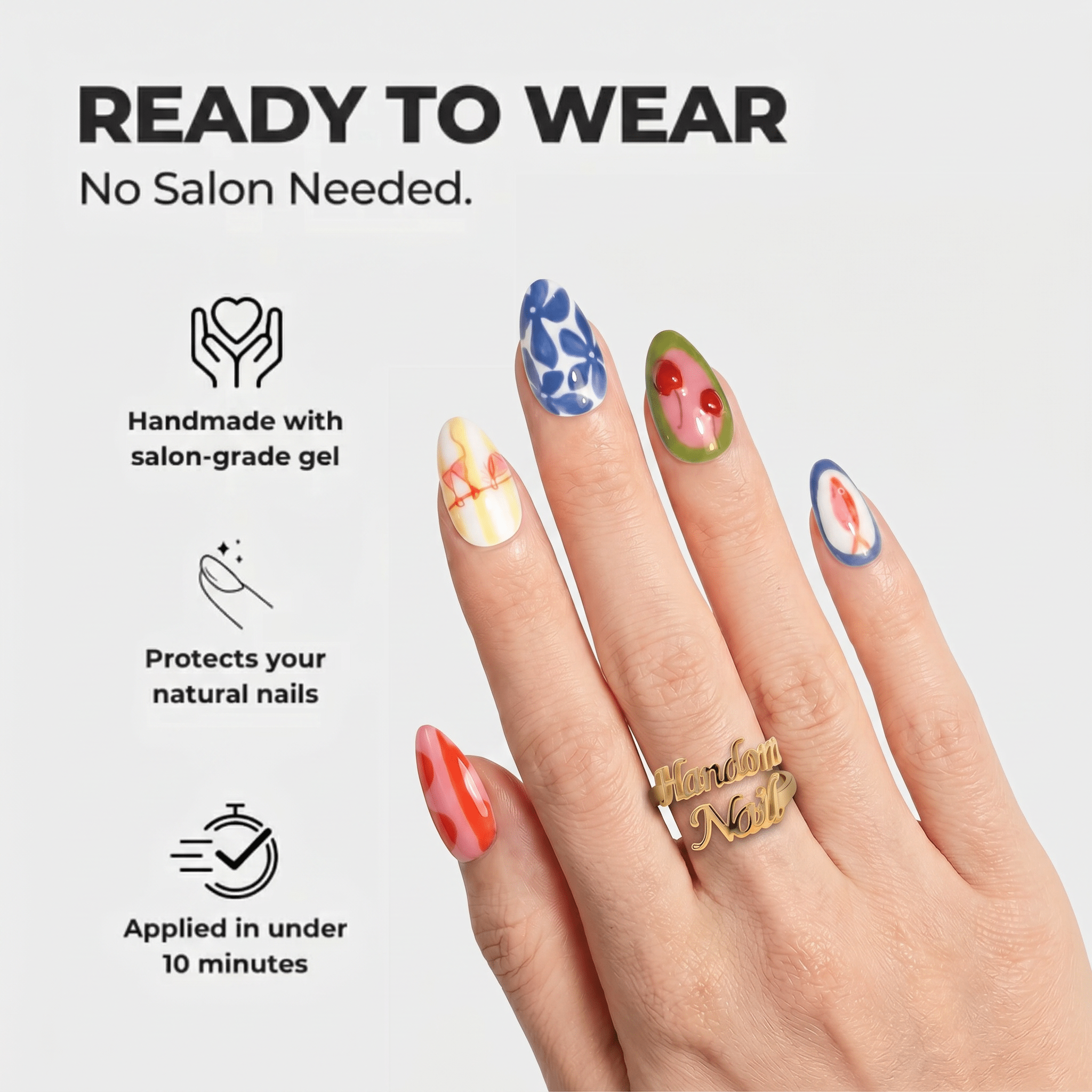 Vibrant Summer almond press-on nails – design close-up by Handora