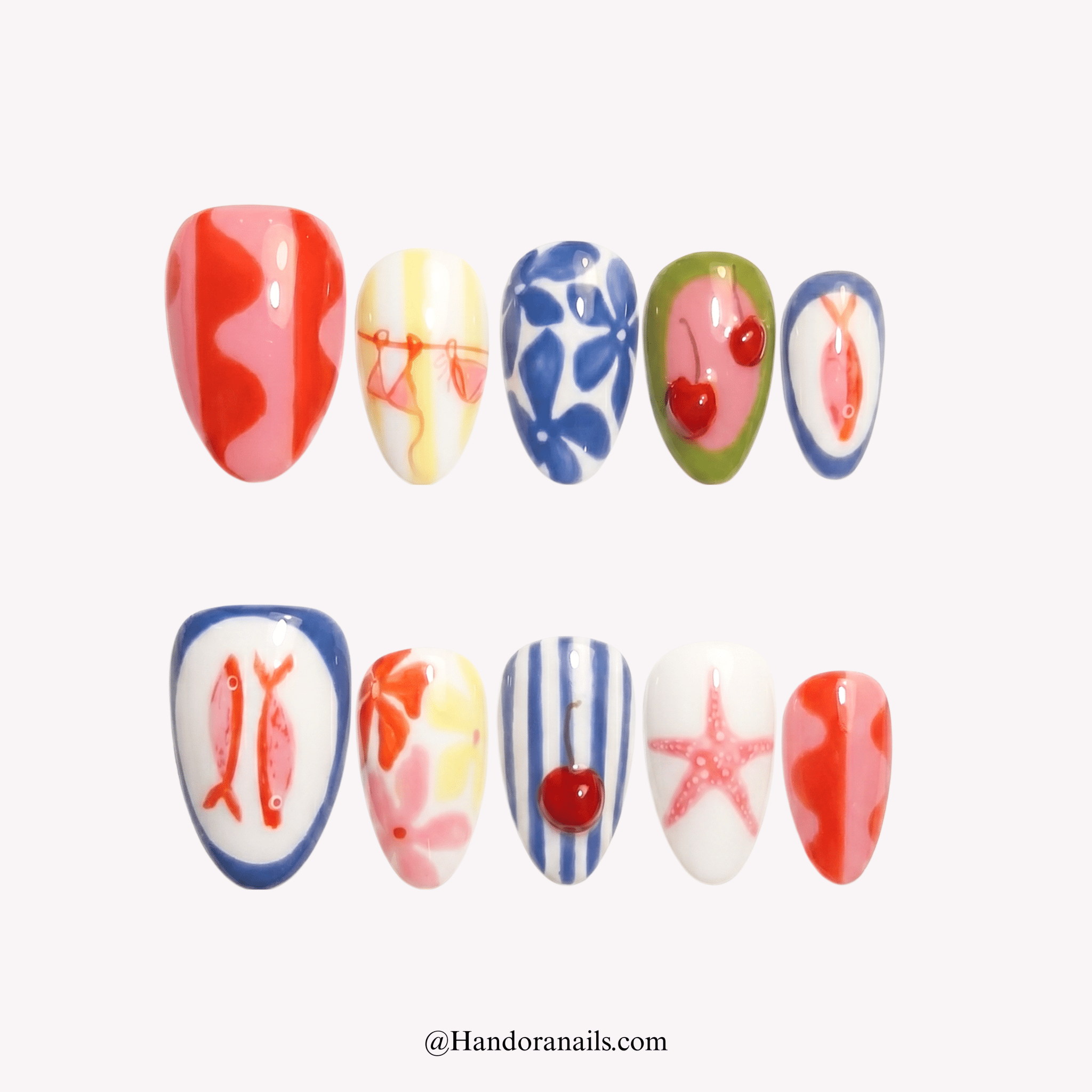Vibrant Summer almond floral press-on nails by Handora