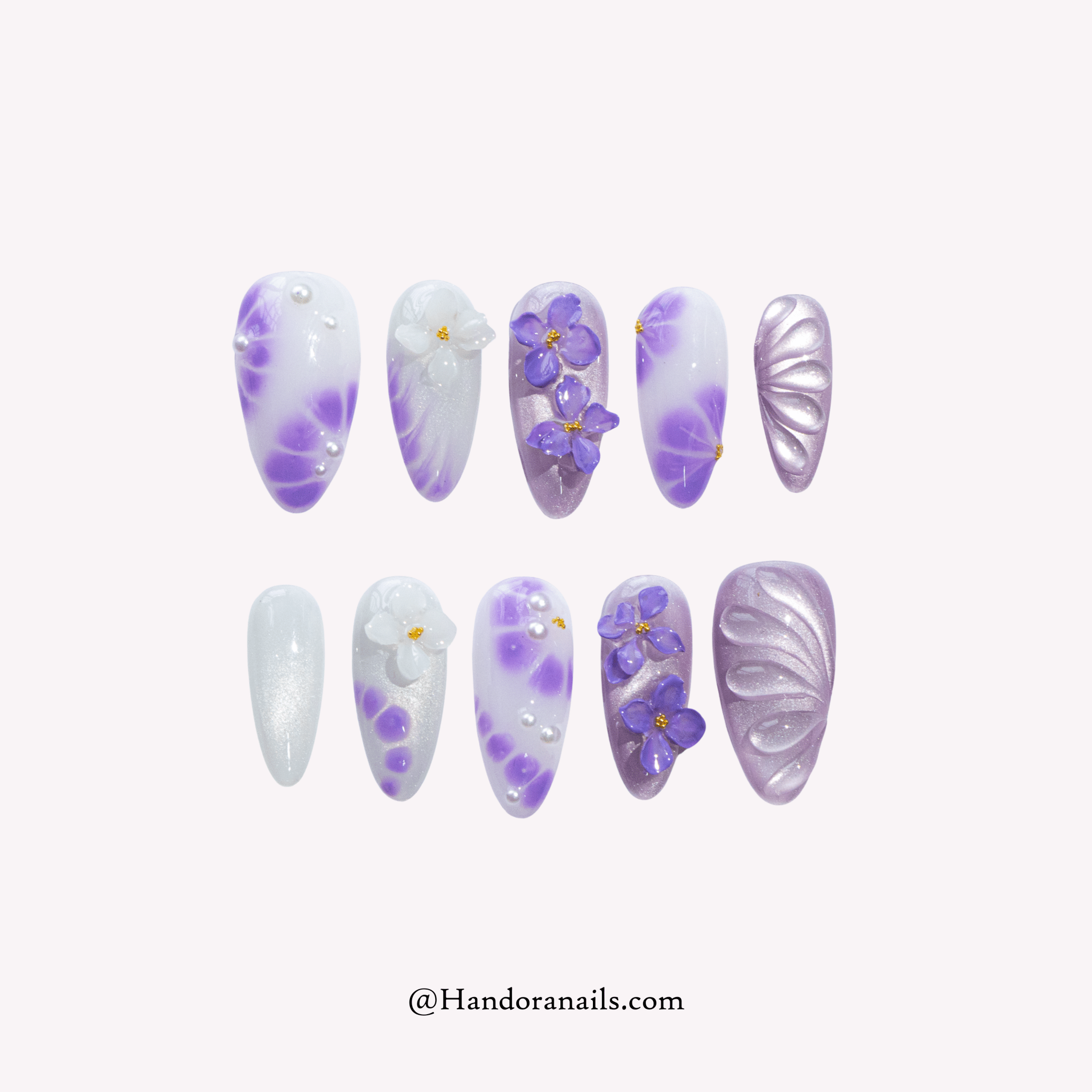 Violet Bloom purple almond floral press-on nails by Handora