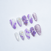 Violet Bloom almond press-on nails – design close-up by Handora
