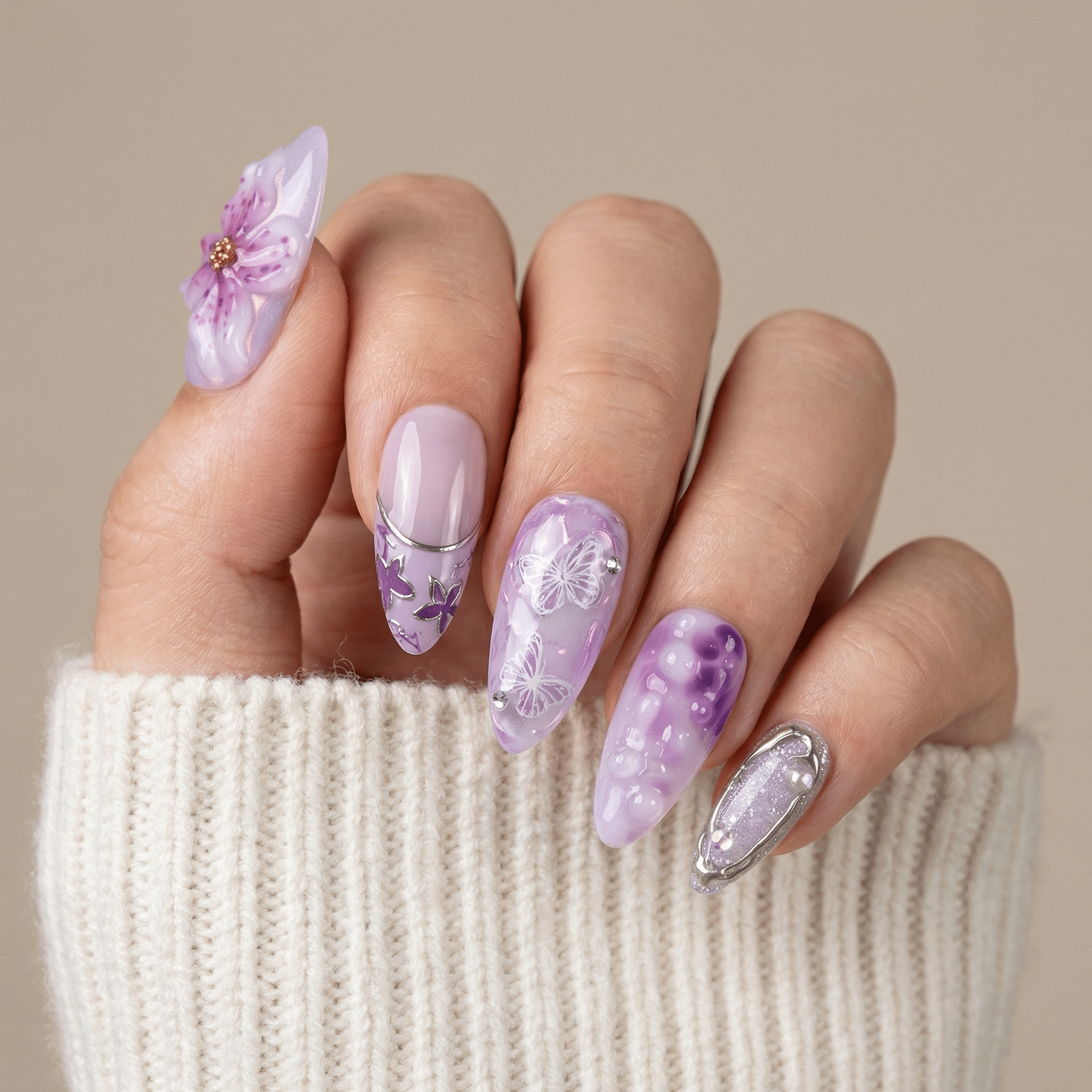 Violet Blossom press-on nails – hand-painted reusable gel set by Handora