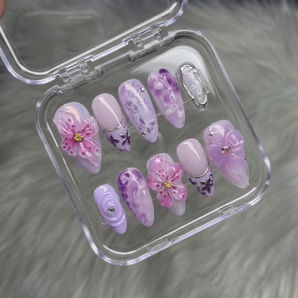 Violet Blossom press-on nails – design close-up by Handora