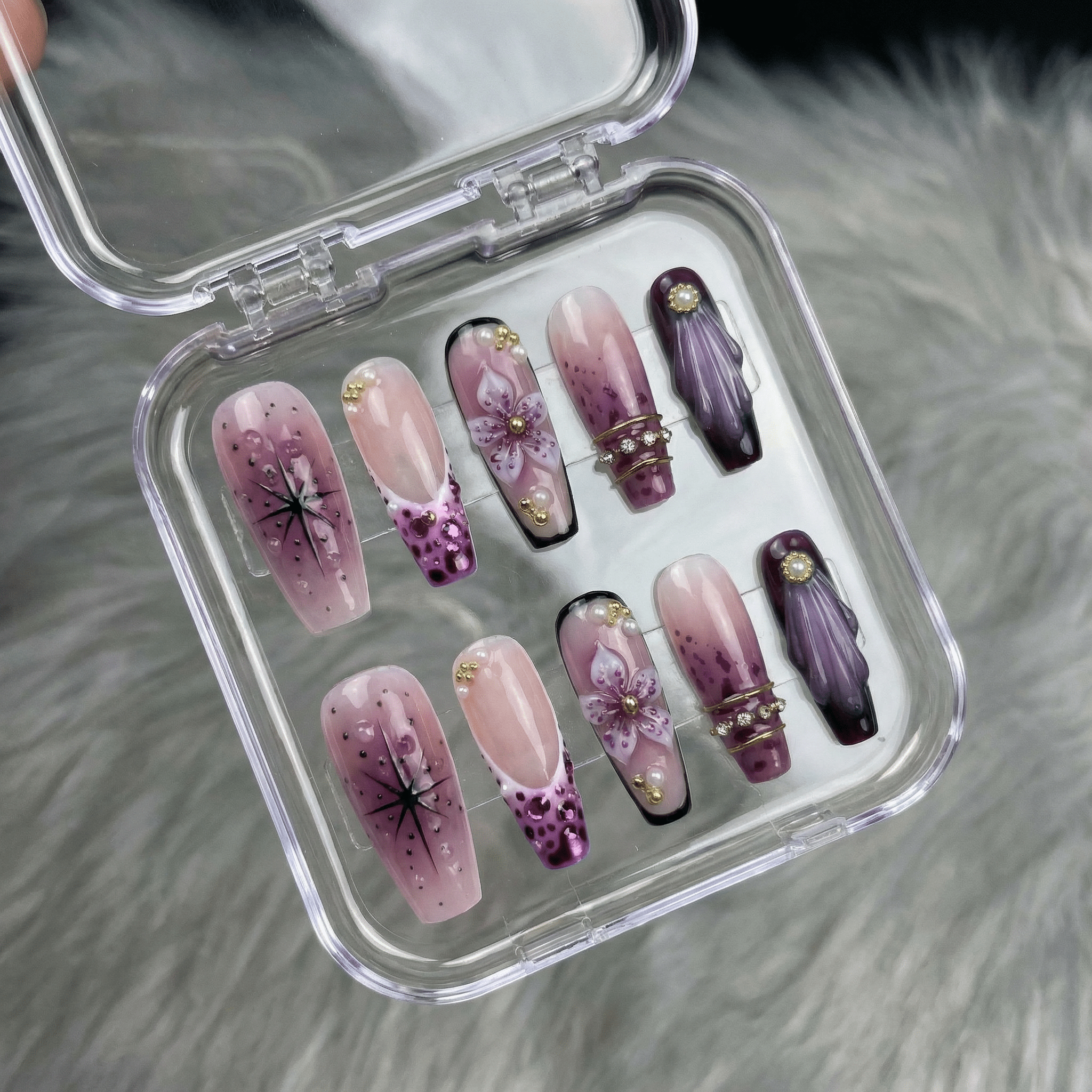 Violet Dream floral nail design – handmade press-on nails by Handora