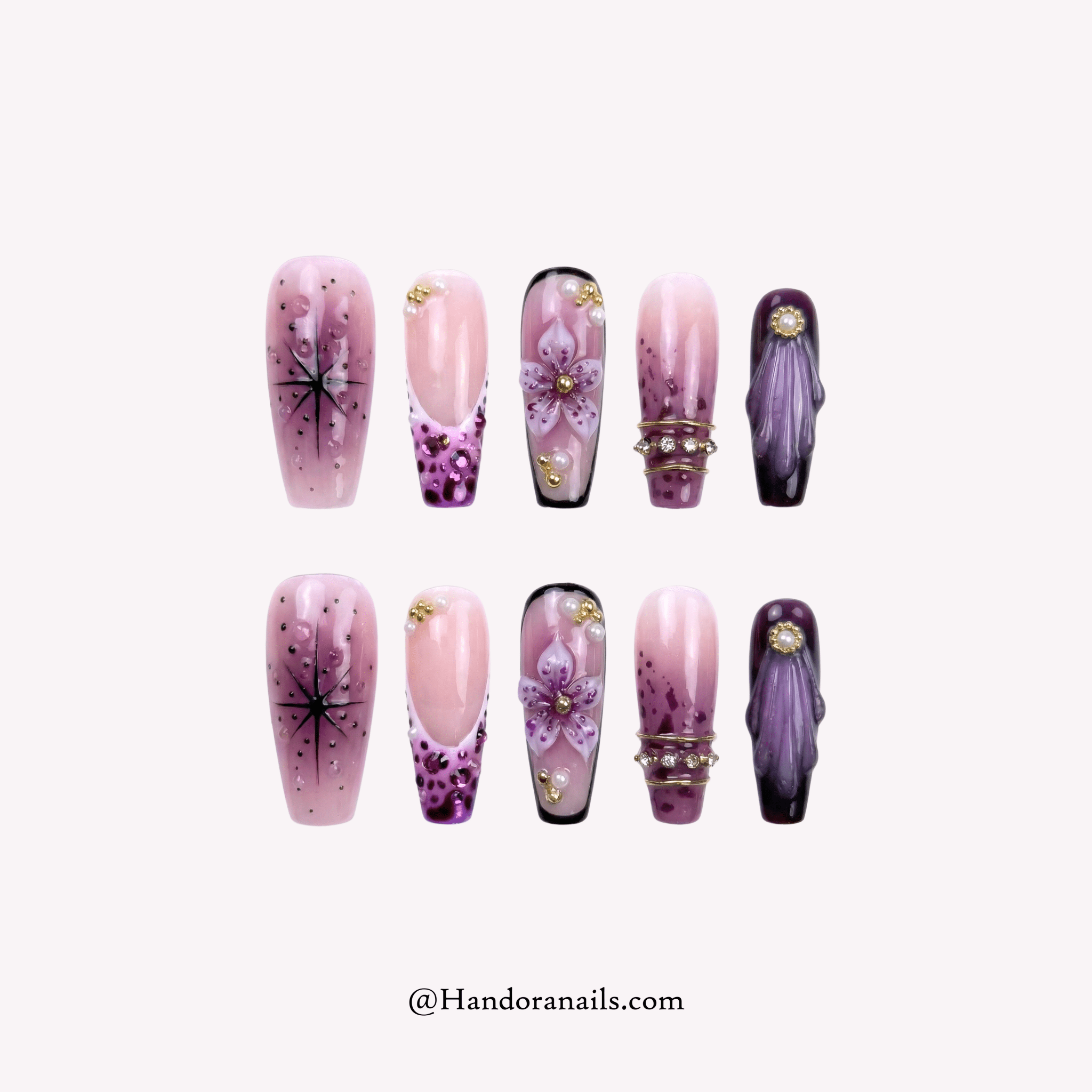 Violet Dream purple coffin floral press-on nails by Handora