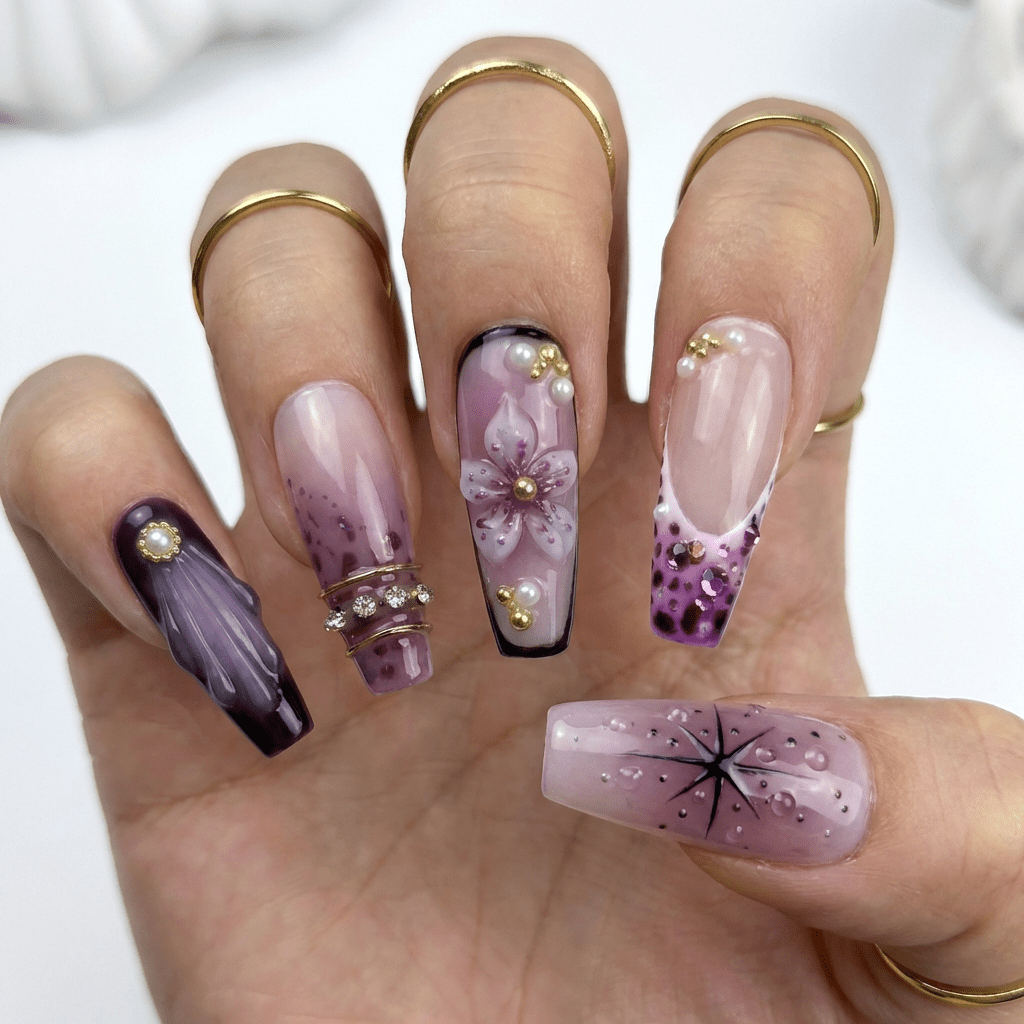 Violet Dream press-on nails – hand-painted reusable gel set by Handora