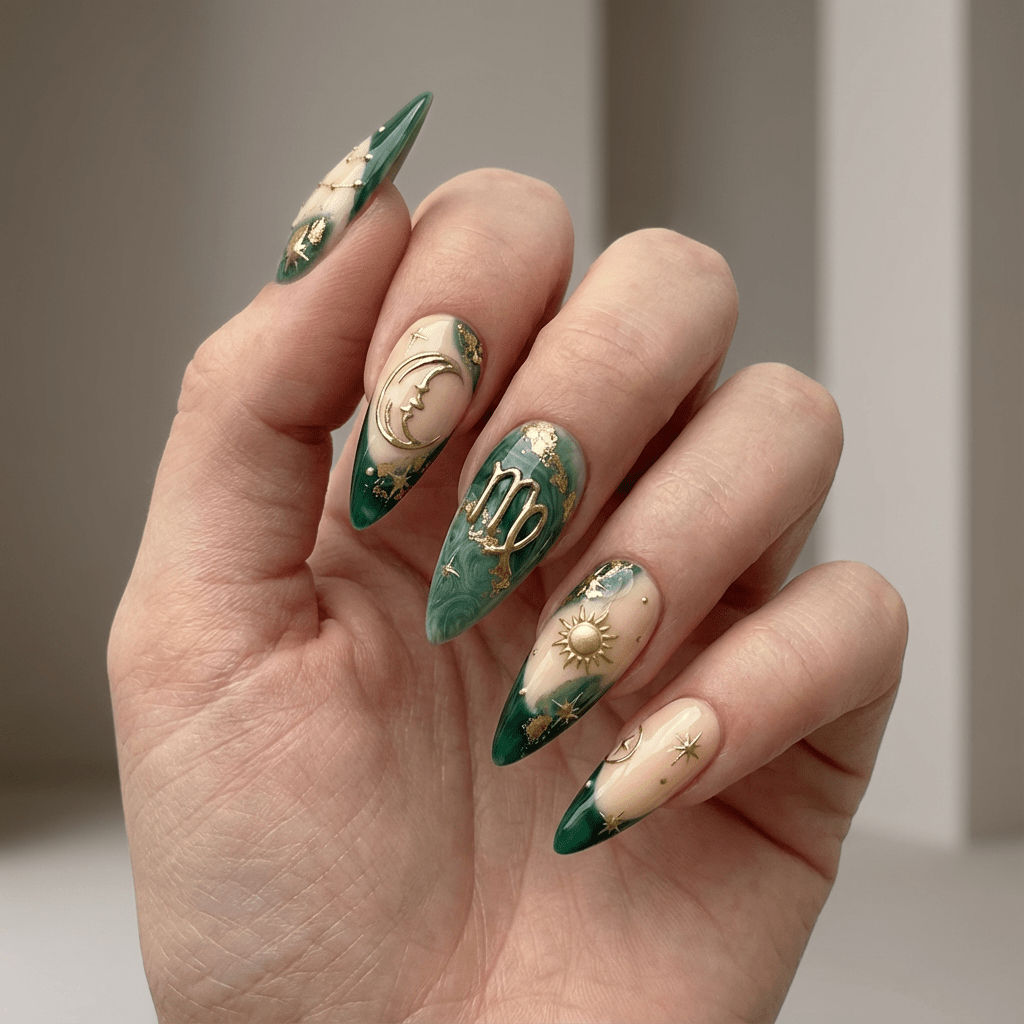 Virgo Essence press-on nails – hand-painted reusable gel set by Handora
