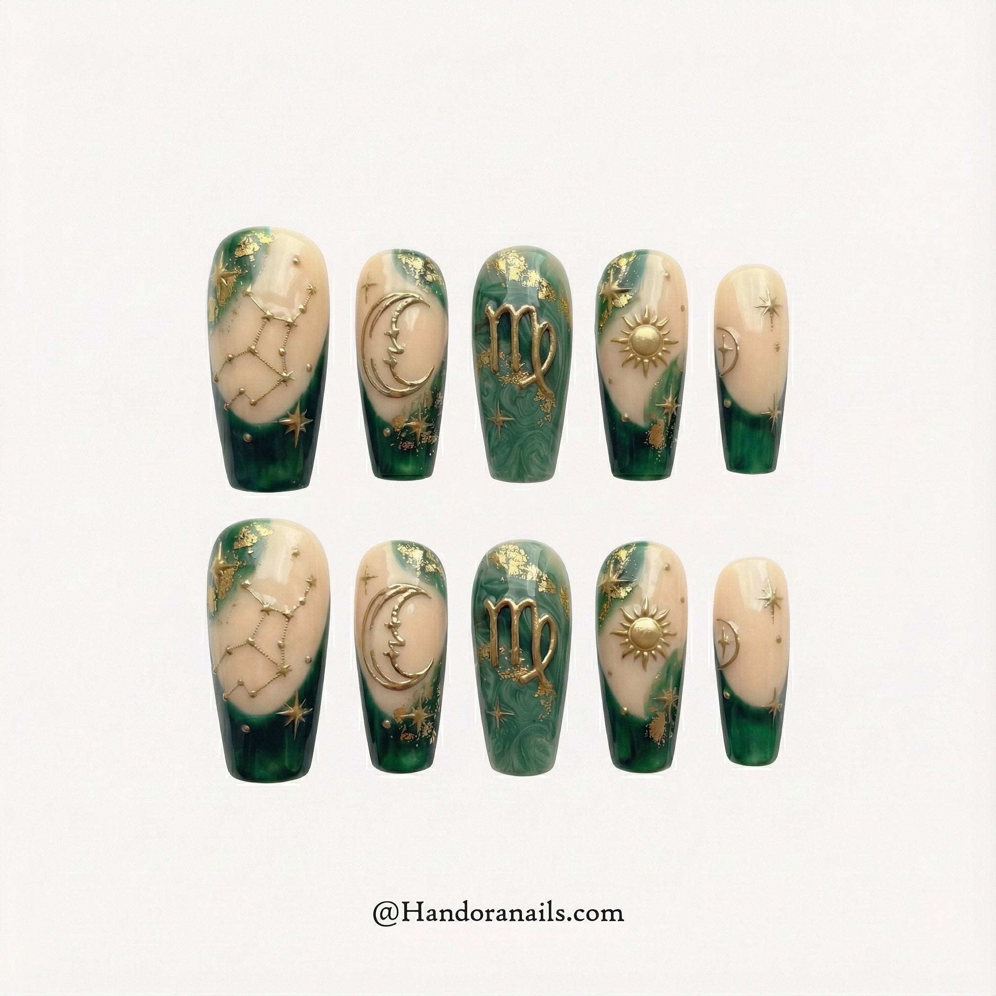 Virgo Essence press-on nails – design close-up by Handora