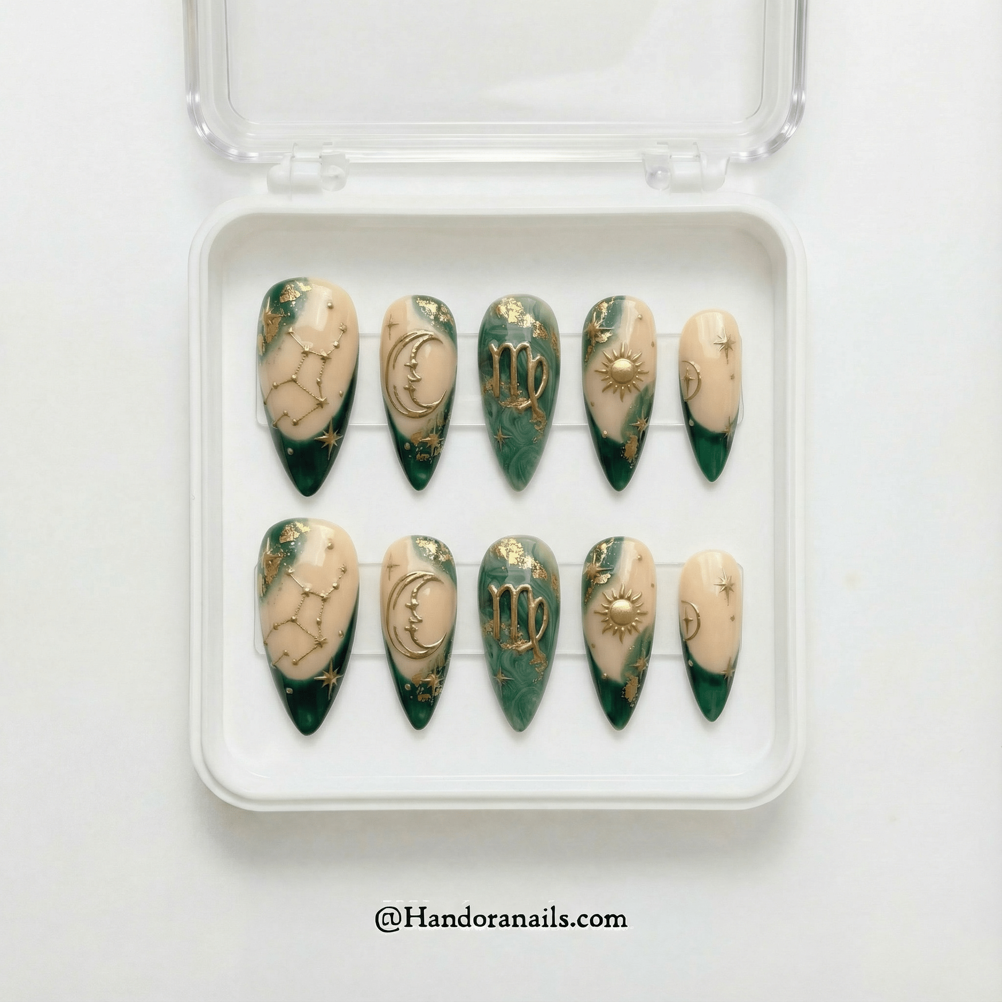Virgo Essence press-on nails worn on hand – almond shape by Handora
