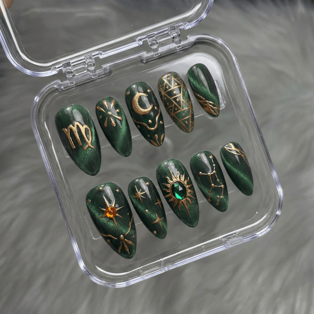 Virgo Luxe press-on nails worn on hand – almond shape by Handora