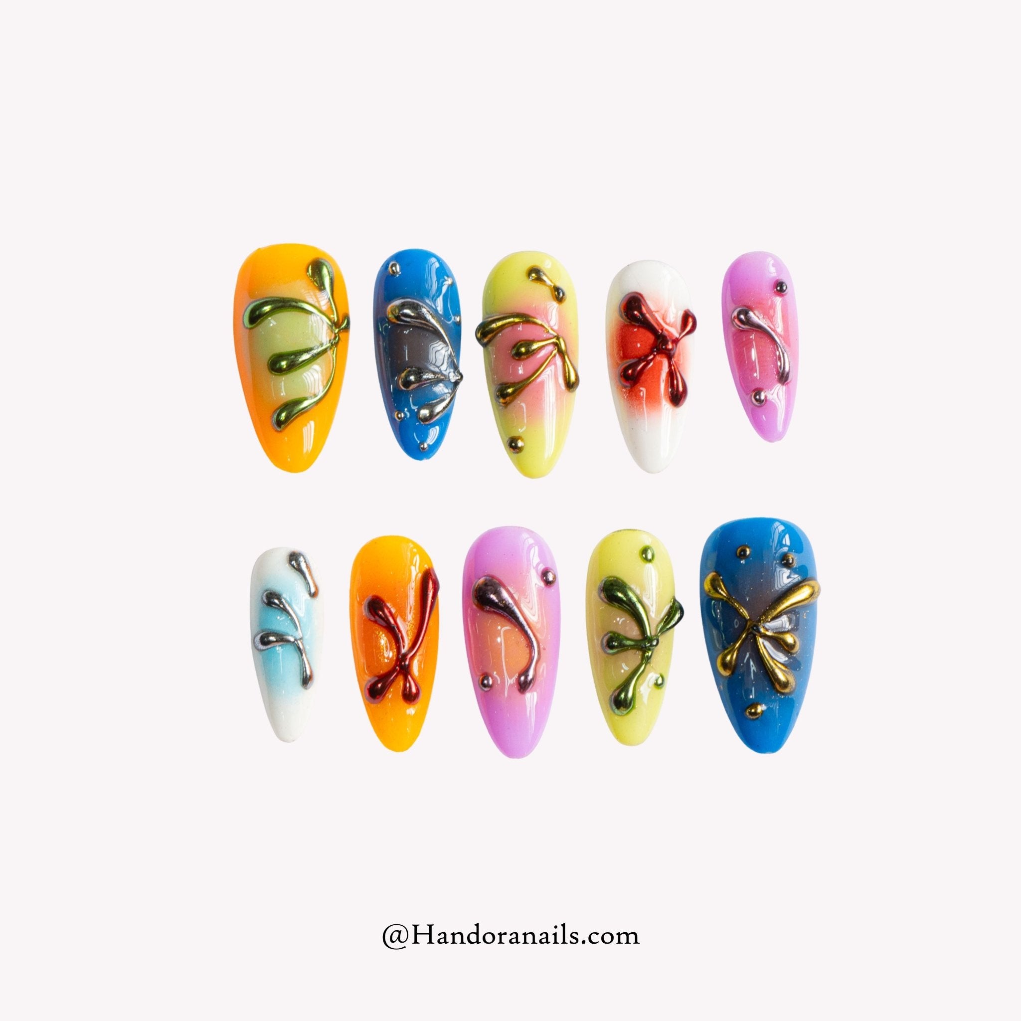 Vivid Liquid almond 3d press-on nails by Handora