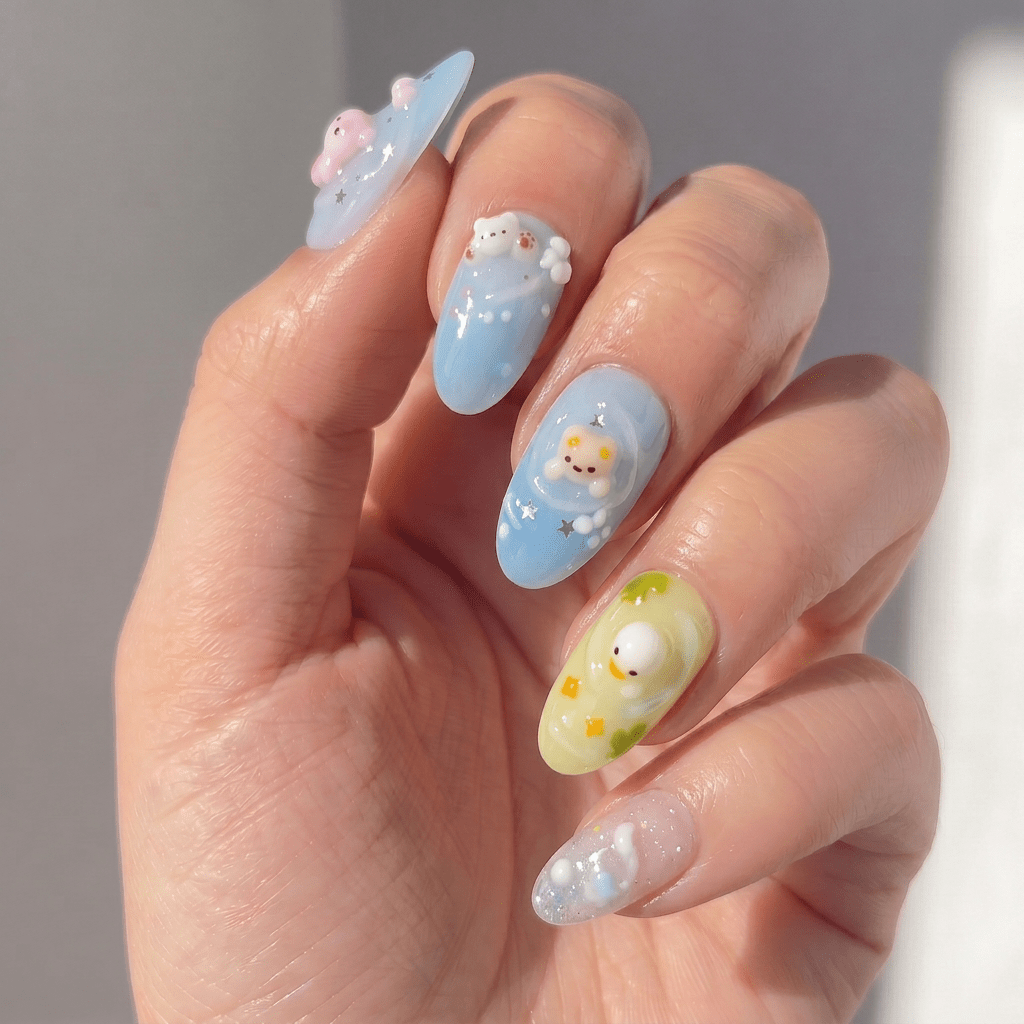 Water Friends cute nail design – handmade press-on nails by Handora