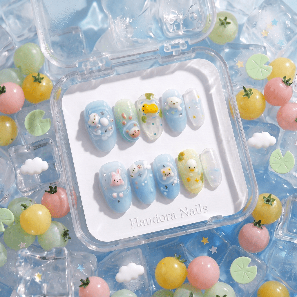 Water Friends press-on nails – hand-painted reusable gel set by Handora