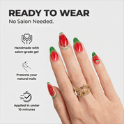 Watermelon Bliss press-on nails worn on hand – almond shape by Handora