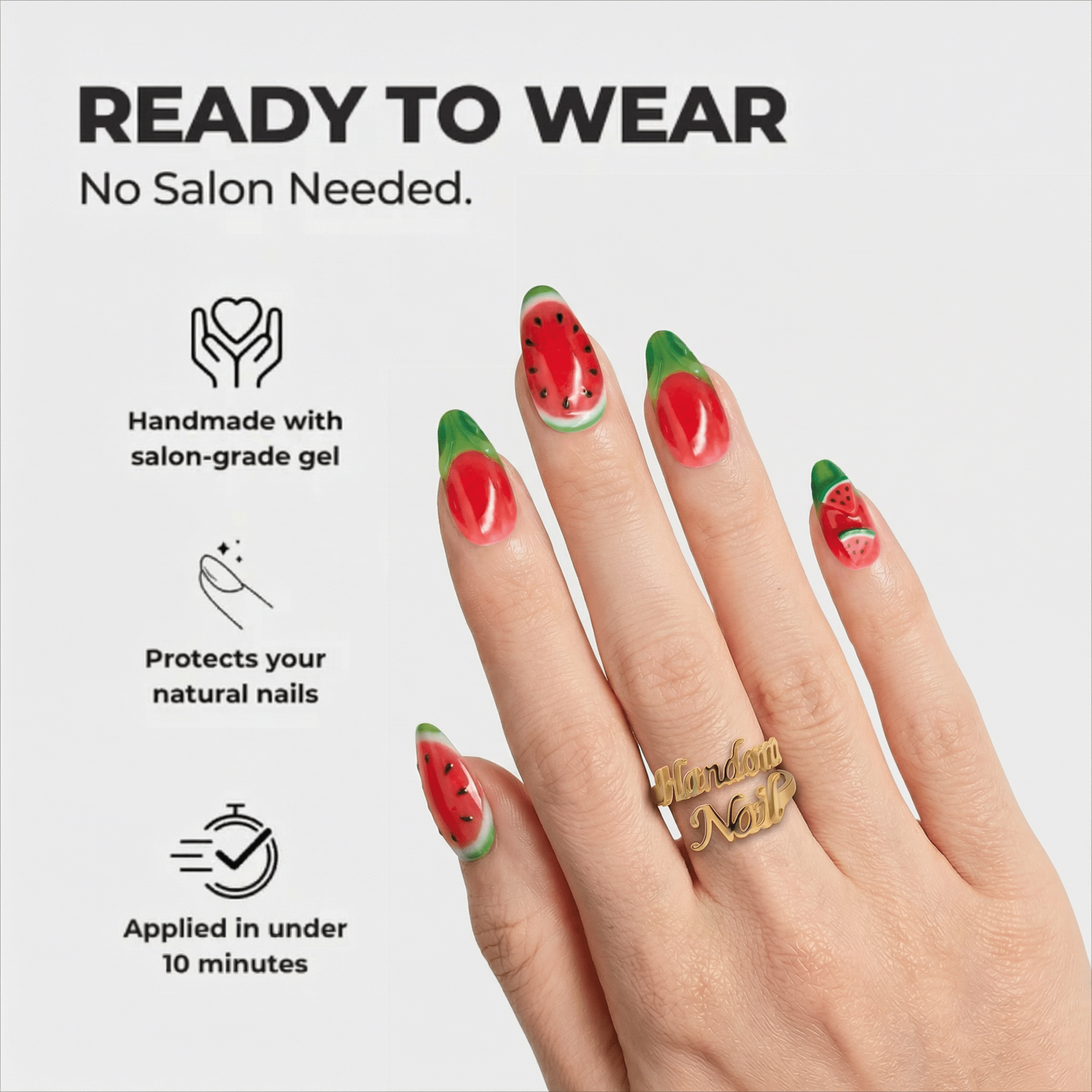 Watermelon Bliss press-on nails worn on hand – almond shape by Handora