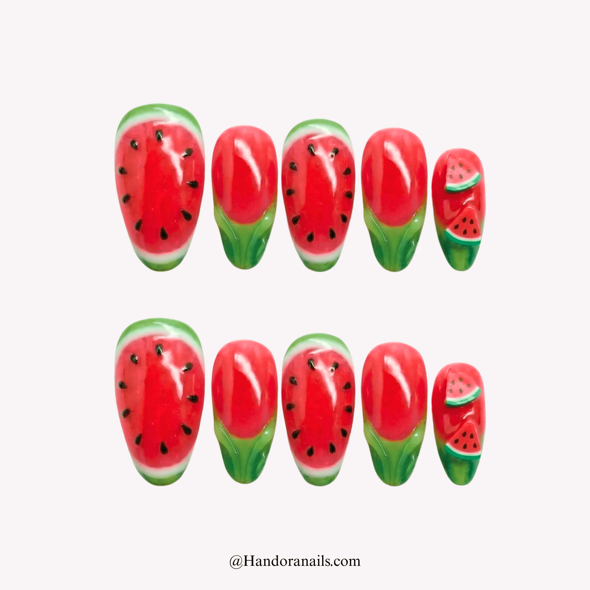 Watermelon Bliss almond 3d press-on nails by Handora
