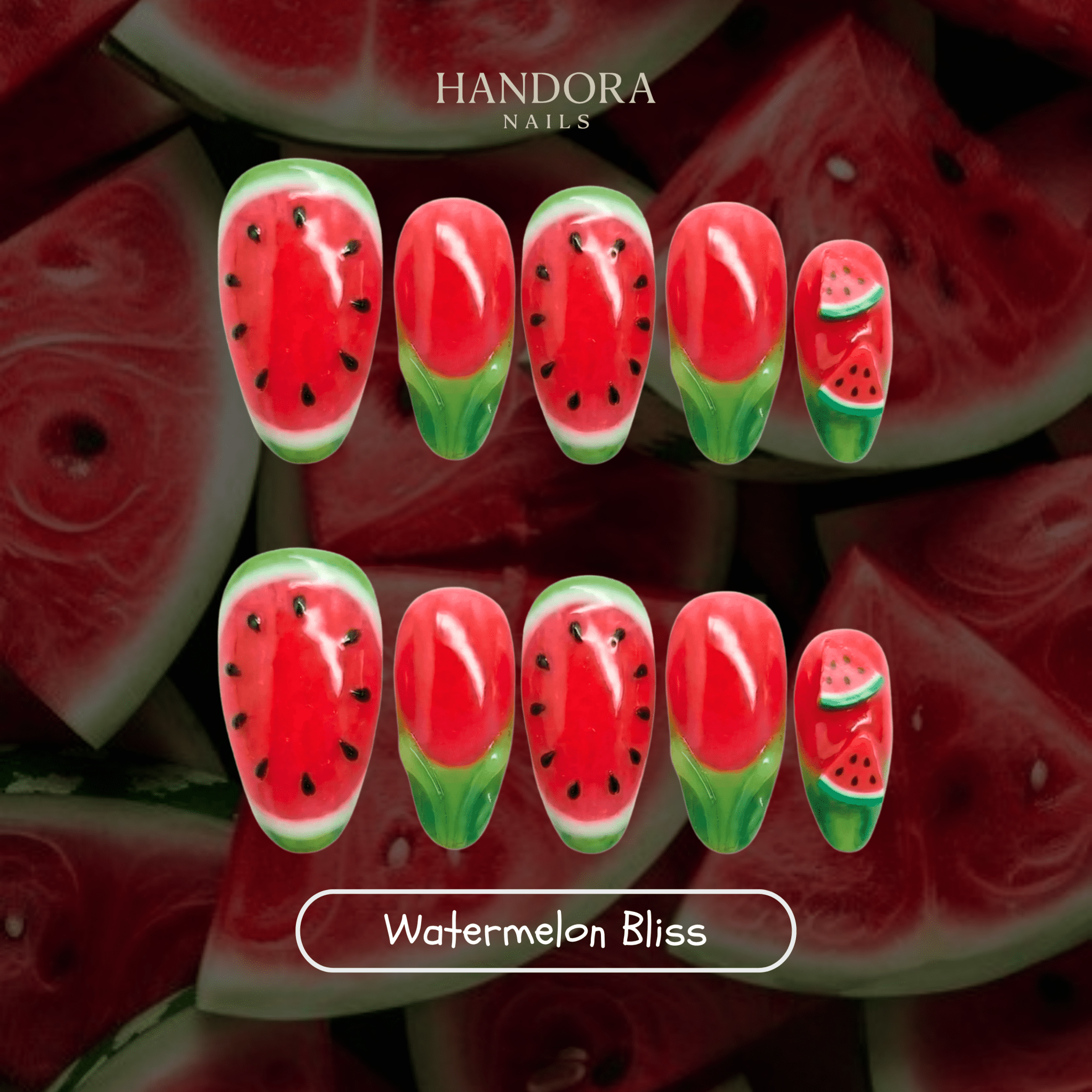 Watermelon Bliss 3d nail design – handmade press-on nails by Handora