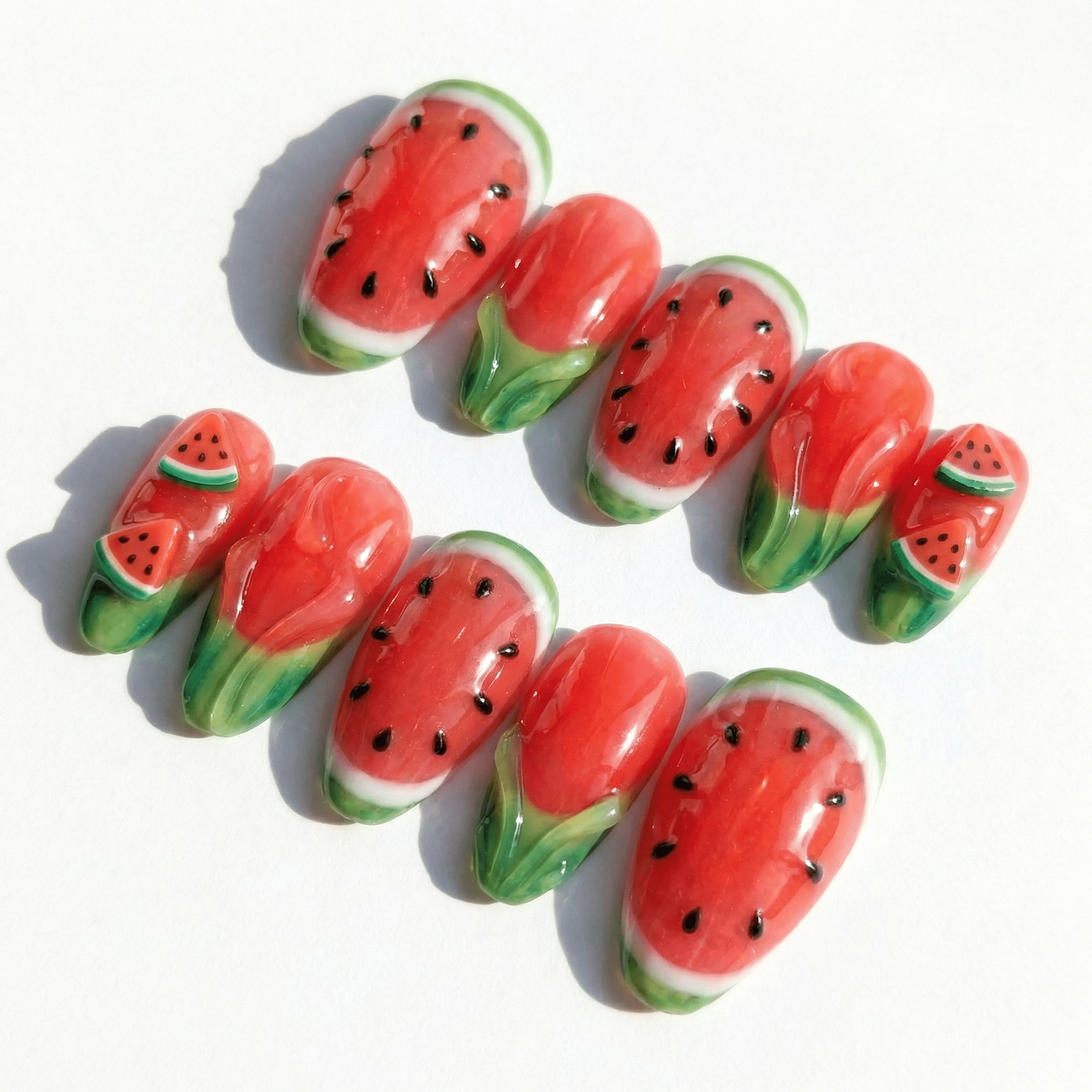 Watermelon Bliss press-on nails – hand-painted reusable gel set by Handora