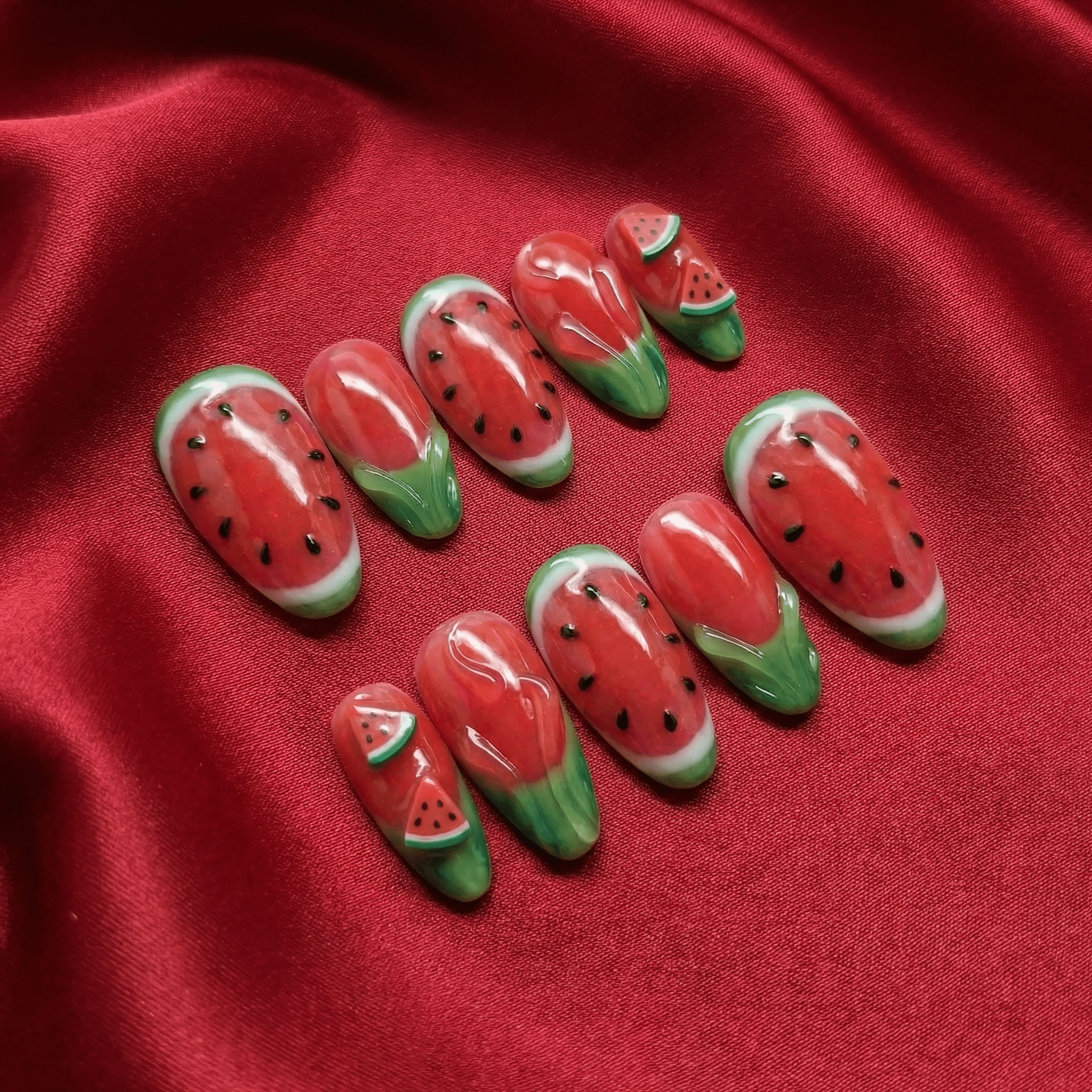 Watermelon Bliss salon-quality handmade press-on nails by Handora