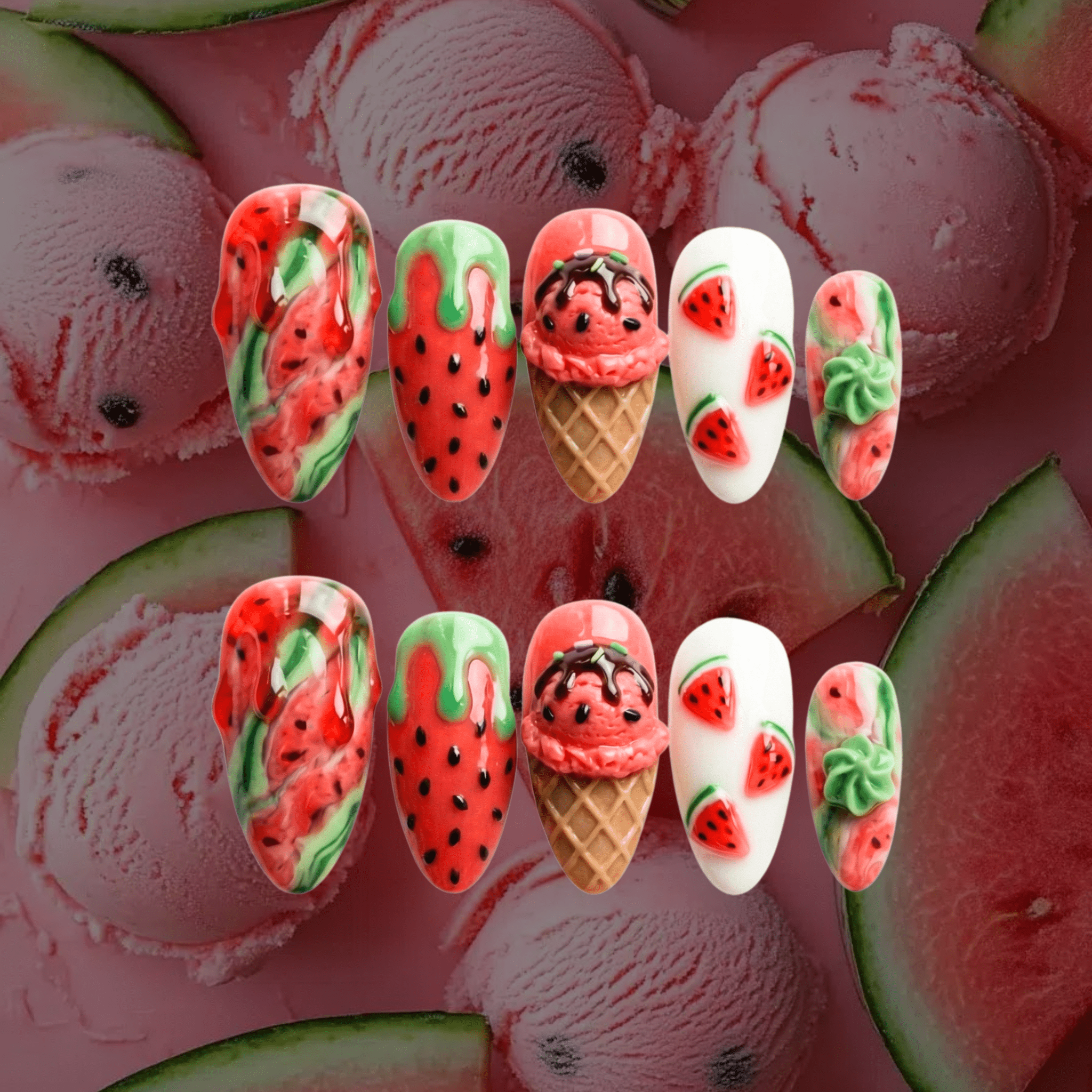 Watermelon Gelato press-on nails – hand-painted reusable gel set by Handora
