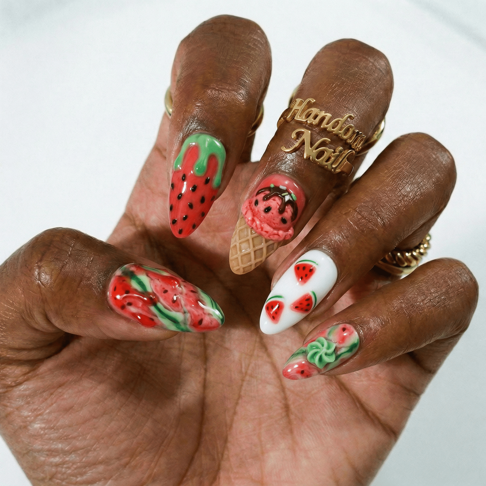 Watermelon Gelato kawaii nail design – handmade press-on nails by Handora