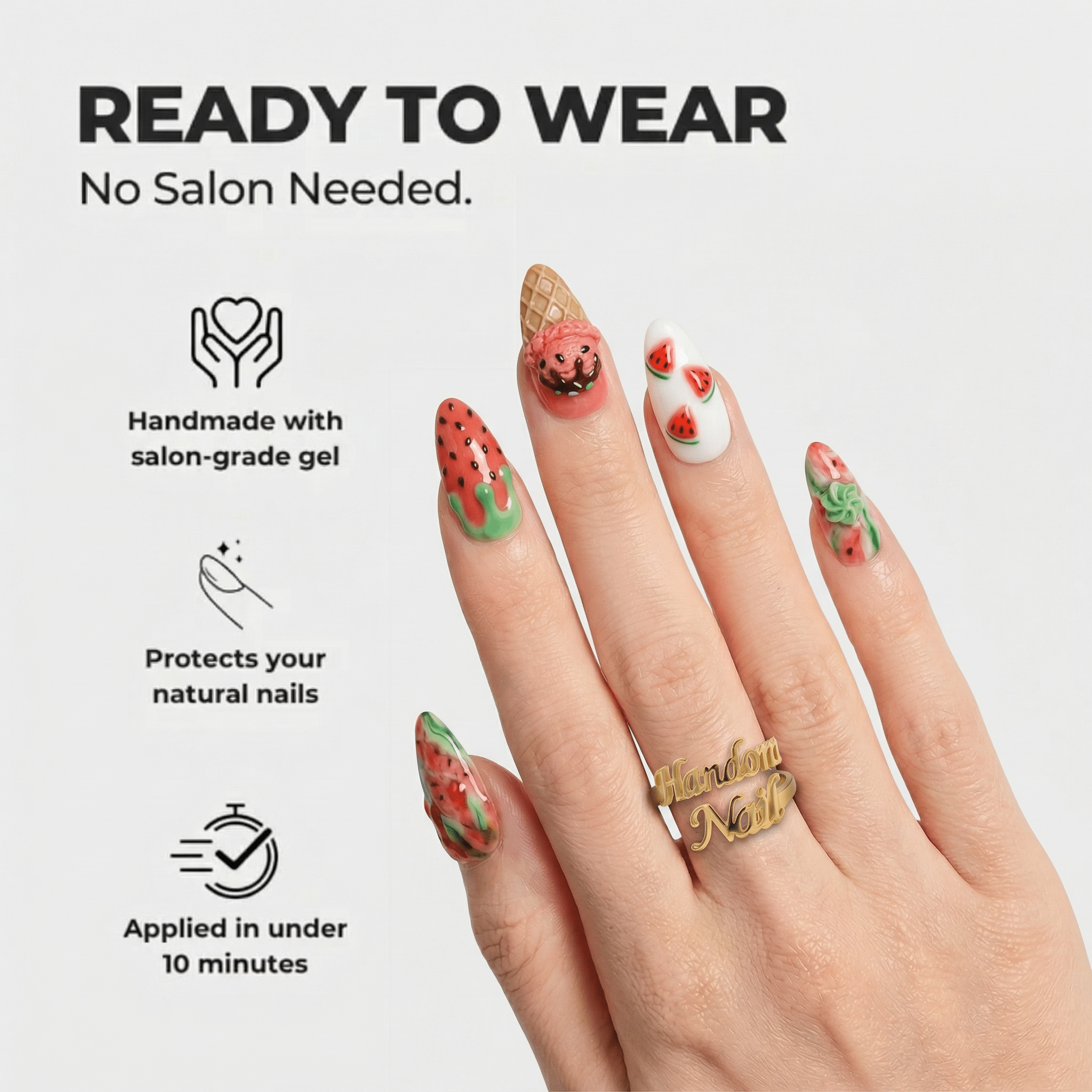 Watermelon Gelato press-on nails – design close-up by Handora