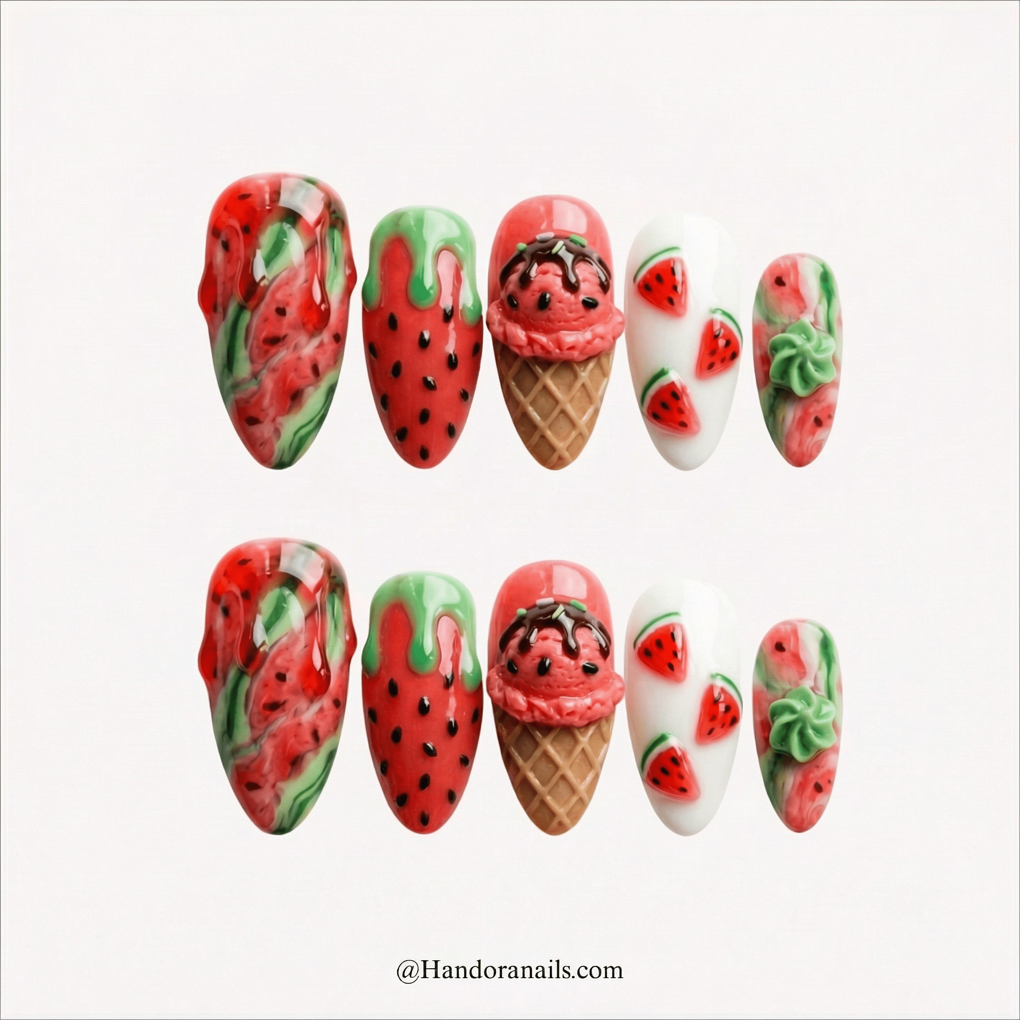 Watermelon Gelato kawaii press-on nails by Handora