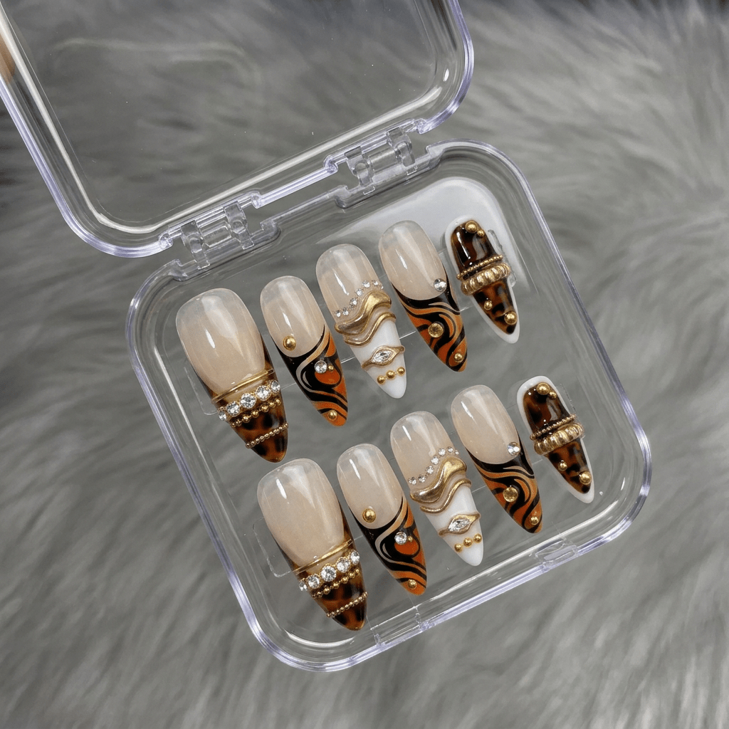 Wild Amber press-on nails worn on hand – almond shape by Handora