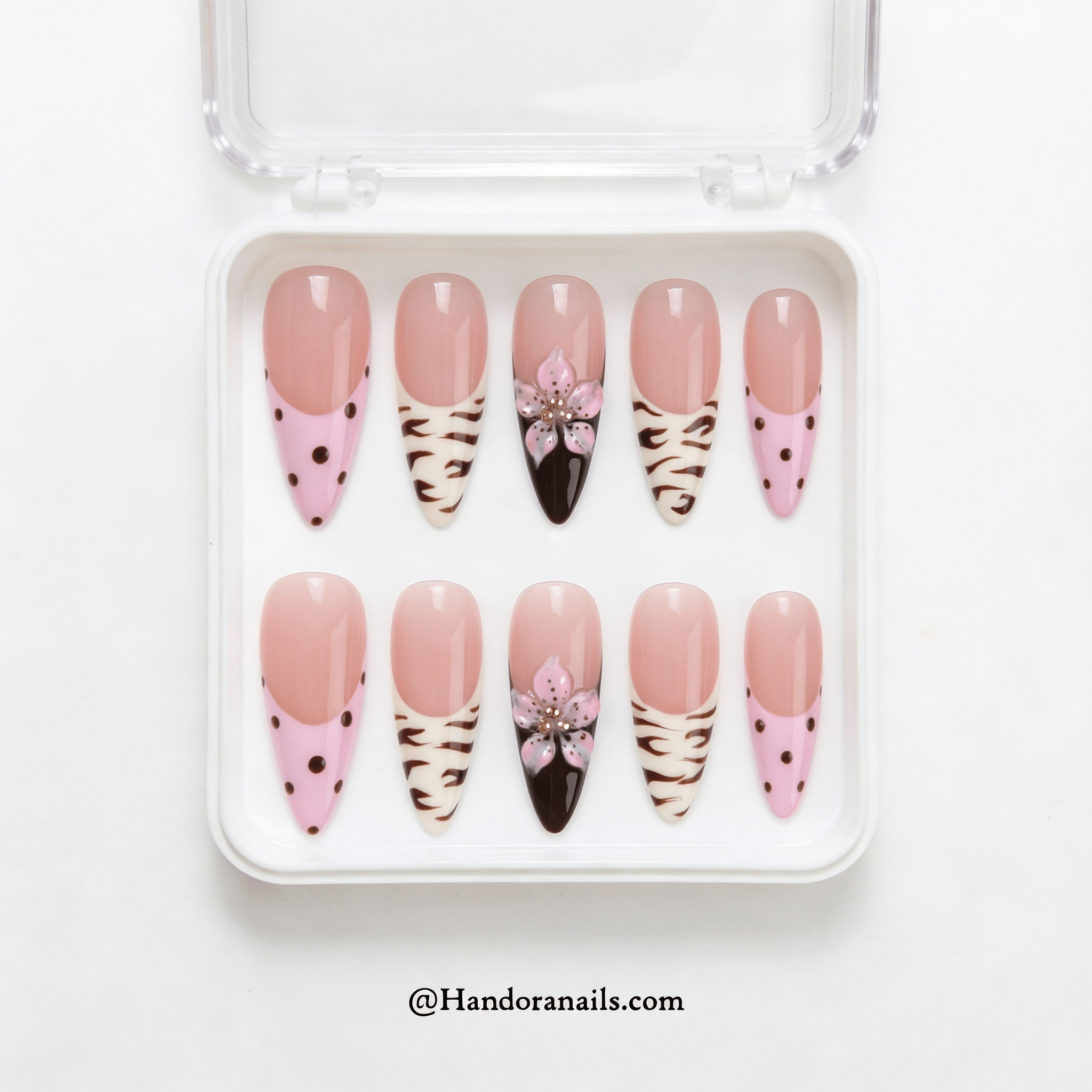 Wild Blossom stiletto press-on nails – design close-up by Handora