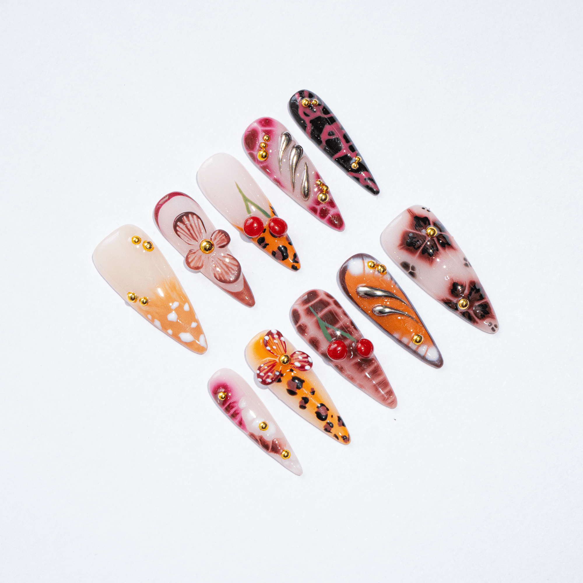 Wild Cherry animal print nail design – handmade press-on nails by Handora