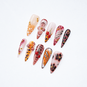 Wild Cherry almond press-on nails – design close-up by Handora