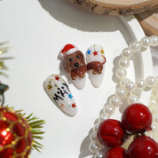 Winter Dachshund press-on nails worn on hand – almond shape by Handora