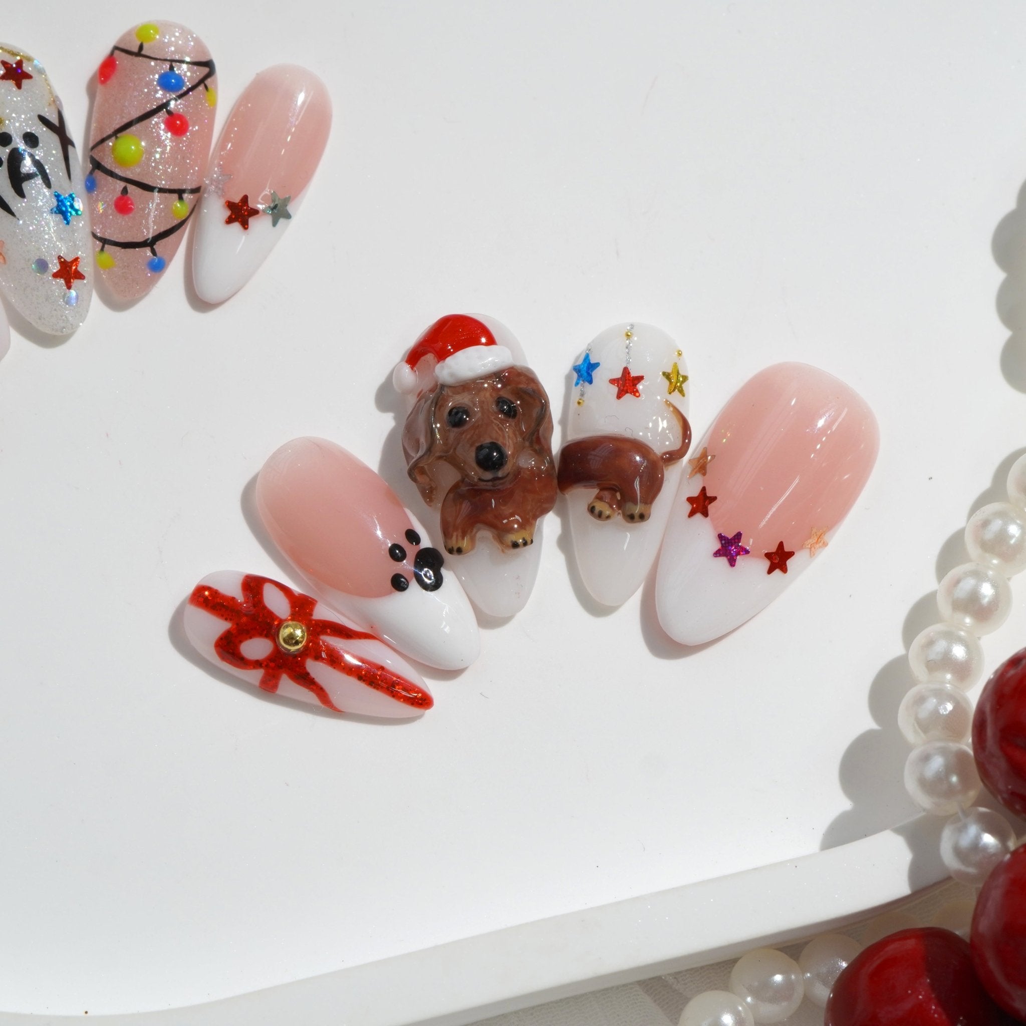 Winter Dachshund salon-quality handmade press-on nails by Handora
