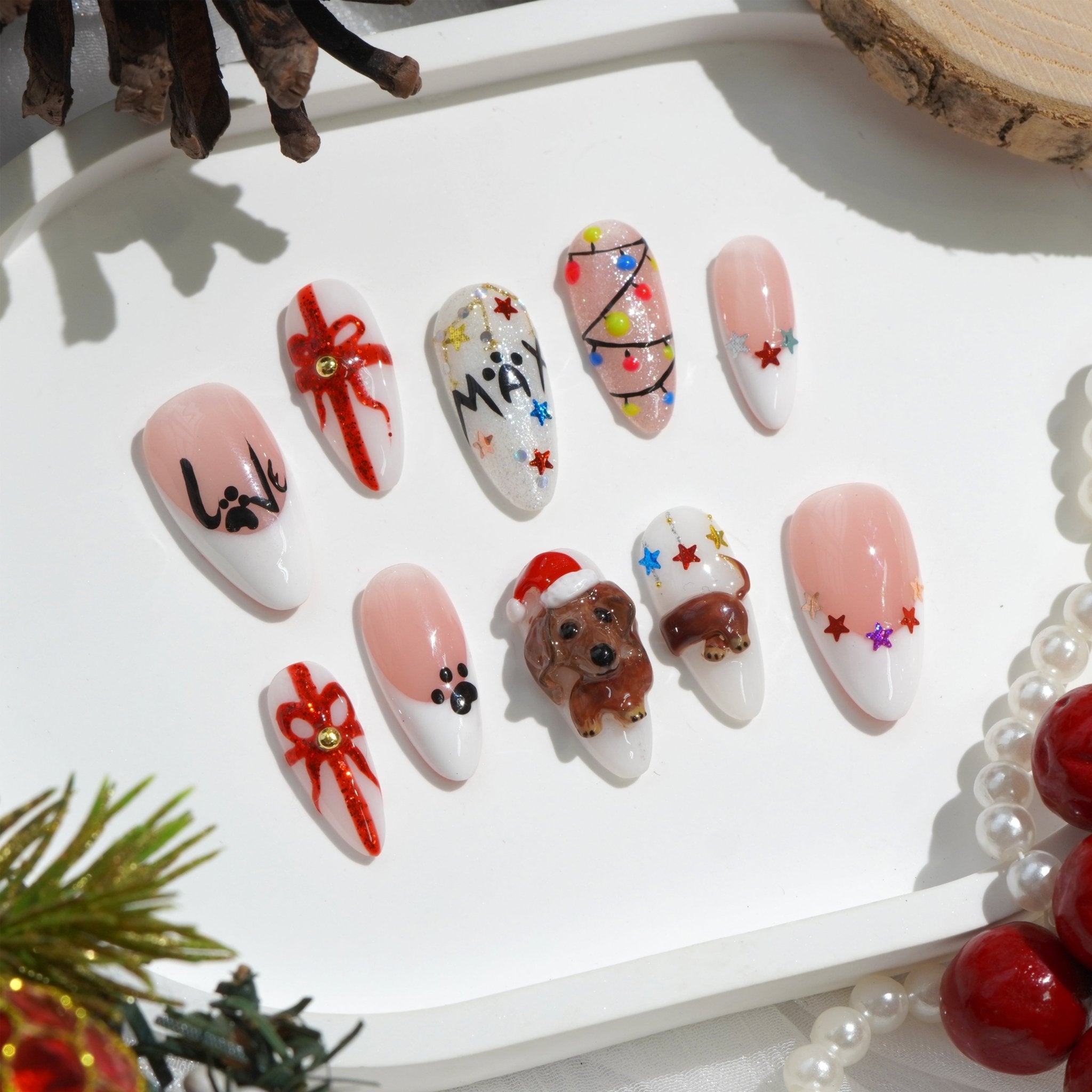 Winter Dachshund press-on nails – design close-up by Handora