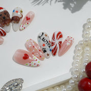 Winter Dachshund press-on nails – design close-up by Handora
