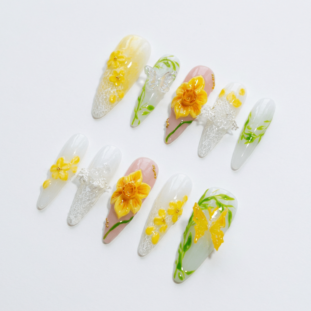 Yellow Daffodil floral nail design – handmade press-on nails by Handora