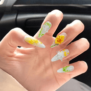 Yellow Daffodil press-on nails – hand-painted reusable gel set by Handora